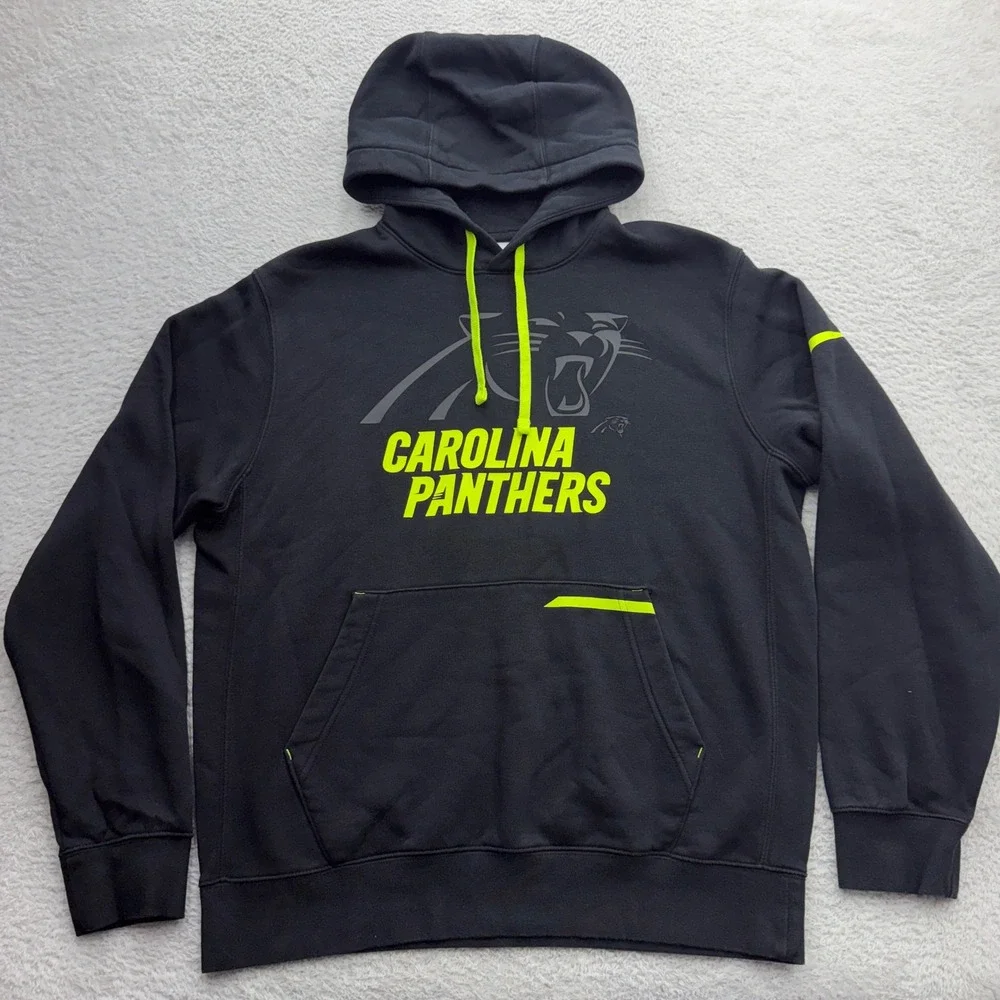 Nike Mens Carolina Panthers Hoodie Black Neon Yellow Graphic Pullover Medium